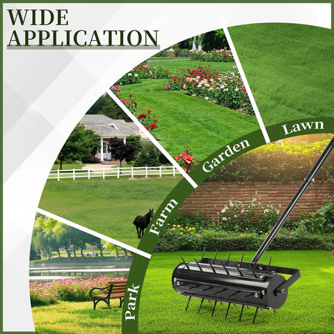 Rolling Lawn Aerator With T Shaped Handle 17 Inch Width 36 Reinforced Steel Spikes For Deep Soil Penetration on lawn and garden