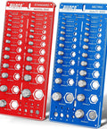 Red standard and blue metric bolt and nut thread gauge boards with SAE and Metric sizes and drill-bit gauges.