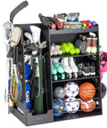 Premium Wooden Gear Organizer With Storage Hooks And Golf Bag Rack, filled with various sports equipment including balls and rackets