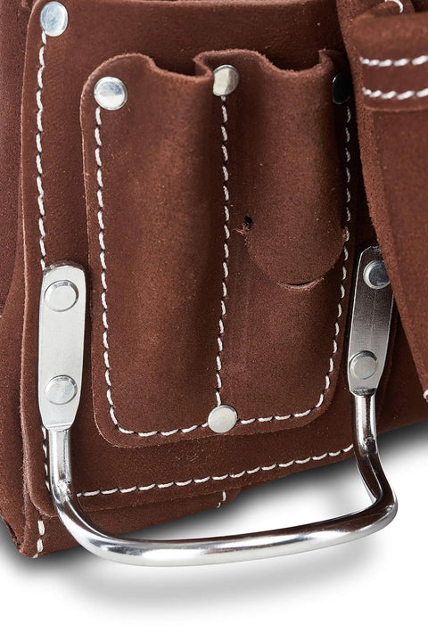 Close-up of the brown leather Pro Grade 10 Pocket Tool Pouch for Electricians and Contractors, featuring metal rivets and stitching.