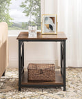 Smooth Industrial Side Table With Built Tough X Frame And Rustic Brown Wood Top Offers Two Tier Storage Shelf Works Like Magic As A Sturdy Nightstand Or Bedside Stand For Living Room Setup featuring rustic brown top and black frame.