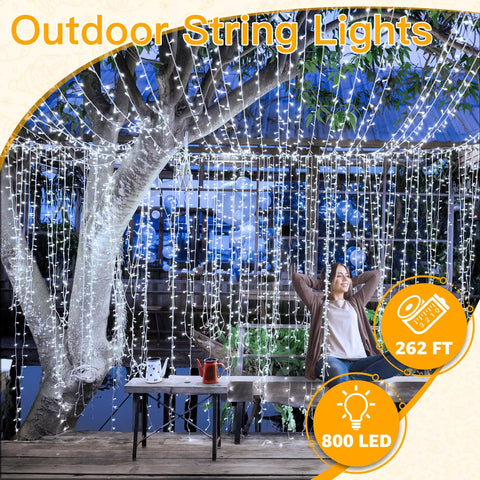 Outdoor 800 LED Christmas String Lights 262 Feet With Remote 8 Modes Dimmable Waterproof on tree and patio
