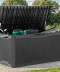 Open 100-Gallon Large Resin Deck Box Waterproof Outdoor Storage For Patio Furniture Cushions Garden Tools And Pool Supplies