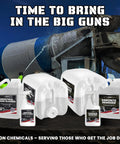 Heavy Duty Spray Concrete Remover That Melts Dried Cement To Easy Rinse Slurry While Knocking Out Stubborn Buildup Without The Harsh Fumes Or Exhausting Chore bottles displayed near a concrete mixer.