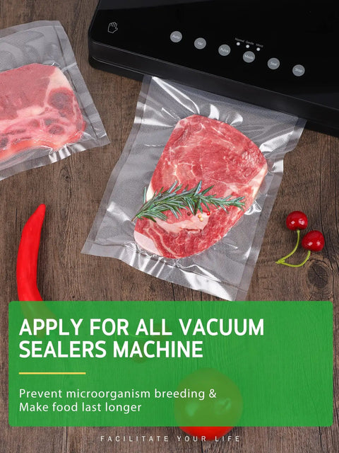 Bulk Vacuum Sealer Bags Set With 11x20 Ft And 8x20 Ft Rolls, Commercial Grade, containing raw red meat near vacuum sealer machine