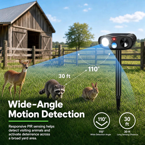 Solar Ultrasonic Animal Repeller With Motion Sensor Light Outdoor Deterrent To Keep Deer Raccoons Squirrels Rabbits Skunks Out Of Your Garden Easy Install Weatherproof Durable Yard Guardian, black stake, 30 ft 110° detection