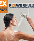 High Pressure Handheld Shower Head With 5 Foot Metal Hose PowerPulse Boss Level Massage 7 Modes Brushed Nickel Finish in use