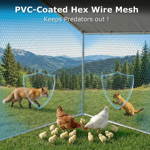 Large Metal Chicken Coop Walk In Poultry Pen Outdoor Shelter With waterproof wire mesh, protective cover, and chickens inside.