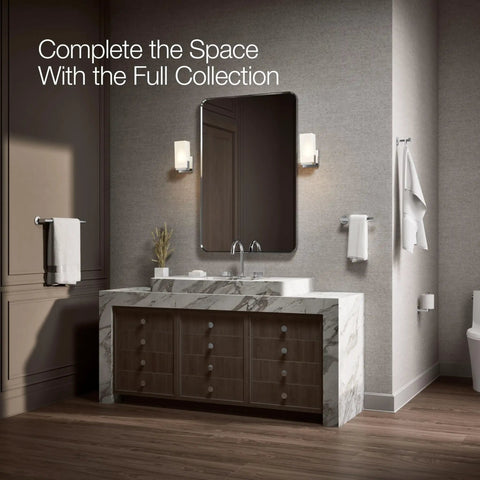 18-Inch Towel Bar In Polished Chrome, Slick Modern Bathroom Accessory With Premium Metal Build, shown beside vanity