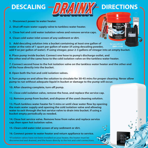 Tankless Water Heater Descaling Flush Kit With Heavy Duty One Sixth Horsepower Pump And Steel Hoses In A Three And A Half Gallon Bucket image with usage instructions.