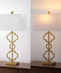 32-Inch Gold Iron Ogee Trellis Table Lamp With USB Port, Modern Glam Geometric Base, White Linen Rectangle Shade, LED Bulb Included, ETL Listed Lit Living Room And Bedroom Lighting