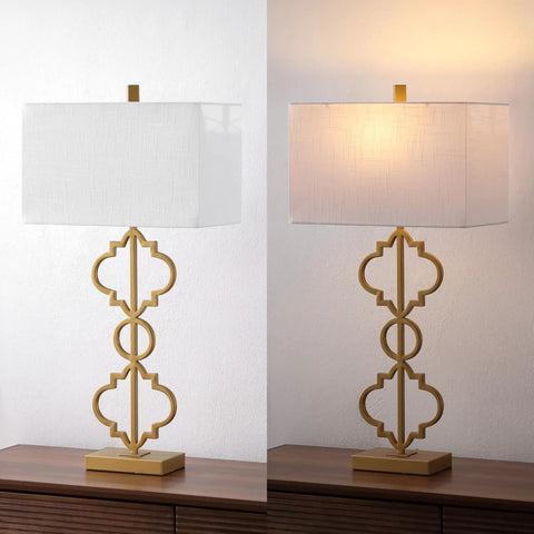 32-Inch Gold Iron Ogee Trellis Table Lamp With USB Port, Modern Glam Geometric Base, White Linen Rectangle Shade, LED Bulb Included, ETL Listed Lit Living Room And Bedroom Lighting
