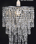 Close-up of Three Tier Beads Pendant Shade Chandelier with acrylic jewel droplets and chrome silver frame for ceiling light.