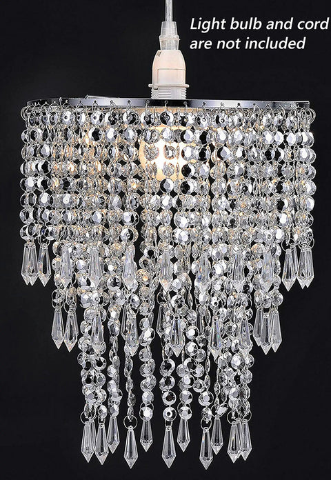Close-up of Three Tier Beads Pendant Shade Chandelier with acrylic jewel droplets and chrome silver frame for ceiling light.