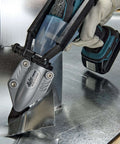TSHD Turboshear Heavy Duty Metal Cutting Attachment for drills cutting galvanized steel, showing close-up view of the tool in use
