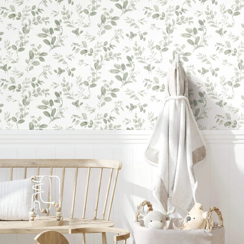 Room scene with Dancing Leaves Peel And Stick Wallpaper Green And White For A Quick Easy Wall Makeover No Glue Needed Removable And Repositionable Wall Covering Roll Twenty Point Five Inch Wide Eighteen Feet Long No Mess.