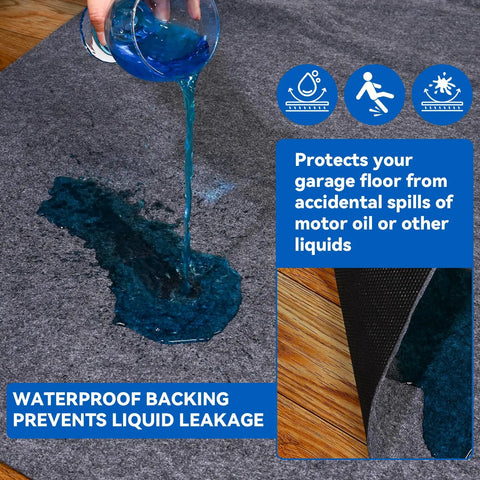 Triple Layer Garage Floor Mat With Waterproof Barrier And Non Slip Backing Heavy Duty Reusable Absorbent Surface For Oil Spills Easy Clean Floor Protector For Garage Driveway And Workshop showing liquid spill resistance.