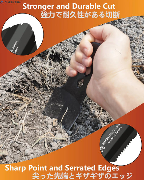 Hand using Backpacking Trowel With Grip Handle Cover Aluminum Camping Shovel With Storage Pouch Long Handle Potty Multitool Orange