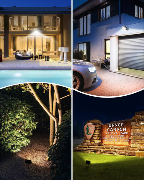 Two Pack 65W LED Flood Lights Outdoor Ultra Bright 6670 Lumens Security Lighting IP65 Waterproof 5000K illuminating various outdoor areas