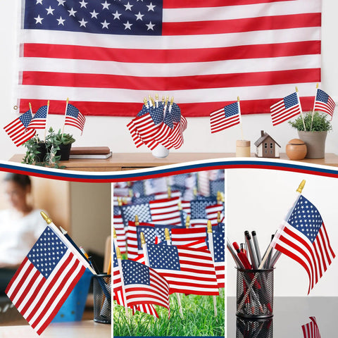 12 Pack Small American Flags On Sticks 4x6 Inches For Fourth Of July Memorial Day Veterans Day Decorations displayed indoors