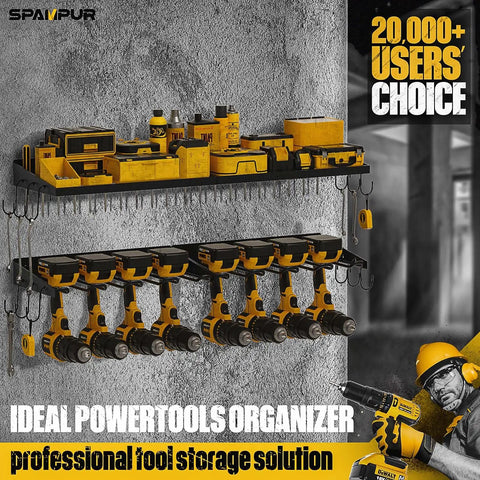 Power Tool Organizer Wall Mount Rack, 14 Drill Holder, heavy duty metal tool shelf with battery holder, garage organization solution.