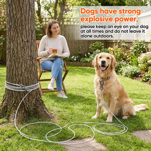 15Ft Reflective Tie Out Cable For Dogs Up To 250 Pounds securing golden retriever to tree in backyard