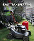 Smart Jerry fluid transfer pump handheld siphon; red fuel can beside a lawn mower.