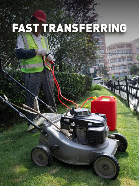 Smart Jerry fluid transfer pump handheld siphon; red fuel can beside a lawn mower.