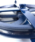 Close-up of Built-Tough Heavy-Duty 12 Inch Gin Wheel Gin Block, navy blue finish, with visible metal construction and swivel hook attachment.