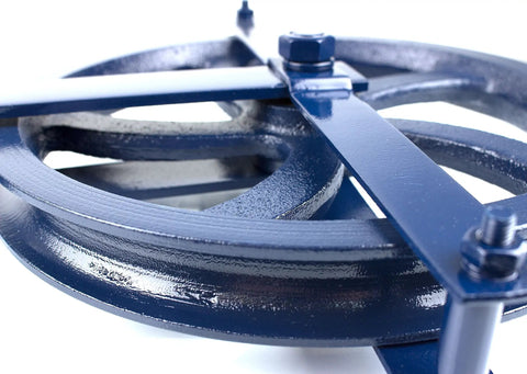 Close-up of Heavy Duty 12 Inch Gin Wheel Block Set Of 2 For Rope Handling With Working Load Limit 1000 Lbs Compatible With Seven Eighths Inch And One Inch Rope Drop Forged Swivel Hook With Latch Navy Blue