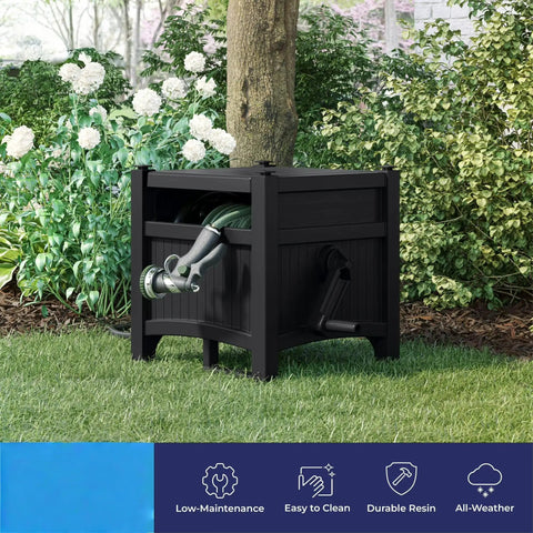 Hideaway Garden Hose Box With Reel 100Ft Durable Resin Outdoor Storage next to tree in backyard garden.