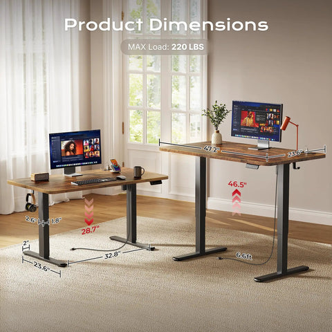 Huuger 47 X 24 Inch Height Adjustable Electric Standing Desk In Rustic Brown dimensions marked for home office ergonomic setup.