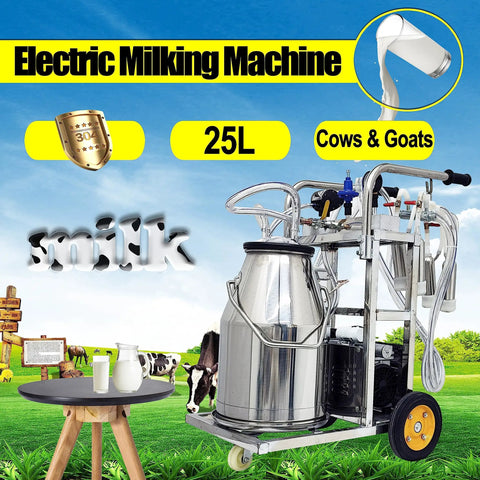 Electric Milking Machine For Cows And Goats, 110V Oil-Free Vacuum Pump Milker with 25L stainless steel bucket on farm