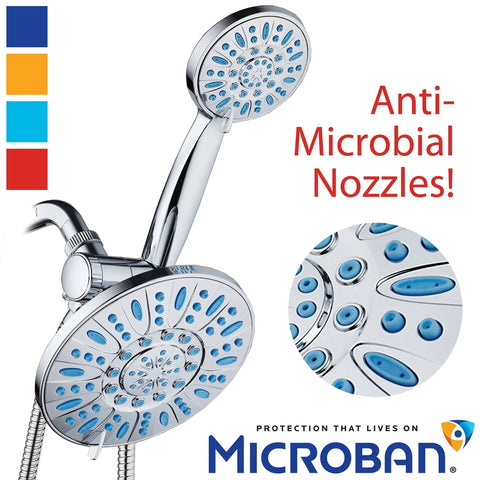 Antimicrobial Anti-Clog High-Pressure 30-Setting Rain Shower Head With Microban Nozzle Protection to fight mold, mildew, bacteria.