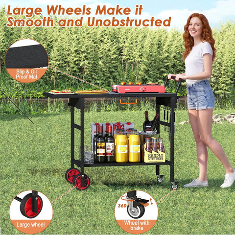 Foldable Grill Cart With Oversized Wheels For 17 To 22 Inch Grills, Ultimate Portable Outdoor BBQ Prep Table in use on grass