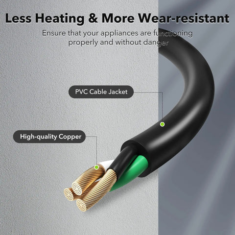 Cross-section of 6ft Indoor Outdoor Extension Cord 16 Gauge 3 Conductor SJTW, showing PVC jacket and copper wires, black, flame retardant
