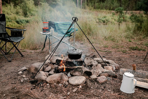 Rugged Heavy Duty Steel Camping Tripod For Open Fire Cooking 43.3 Inch Tall suspending Dutch oven over campfire