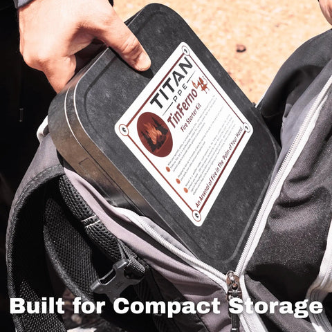 All In One 100 Piece Fire Starter Kit For Campfires And Survival with waterproof tin being placed in a backpack