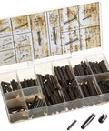 315 Piece Roll Pin Assortment Kit in a rugged plastic case for auto garage and home DIY repairs, showing various sizes of black pins.