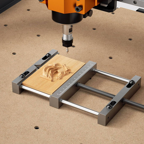 Aluminum Bench Vise Clamp For CNC Router Machines, High Precision Clamp With 0 To 8 Inch Range, installed on CNC table