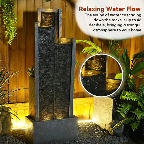 Modern Outdoor Water Fountain With LED Lights, 49.6 Inch Cascading Waterfall For Indoor Or Outdoor Use, illuminated on patio