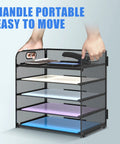 5 Tray Letter Paper Organizer With Handle Mesh Desk File Sorter for Office Home or School, showing trays and portability handle.