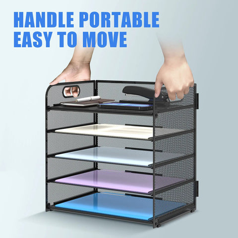 5 Tray Letter Paper Organizer With Handle Mesh Desk File Sorter for Office Home or School, showing trays and portability handle.
