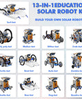 13 In 1 Solar Powered Robot Kit For Kids Aged 8 To 12, Hands On STEM Educational Toy Set For Building Land And Water Robots, Great Birthday Gift For Curious Kids showing various robot designs.