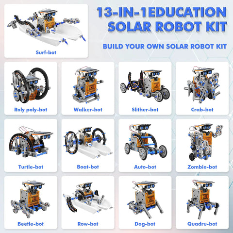 13 In 1 Solar Powered Robot Kit For Kids Aged 8 To 12, Hands On STEM Educational Toy Set For Building Land And Water Robots, Great Birthday Gift For Curious Kids showing various robot designs.