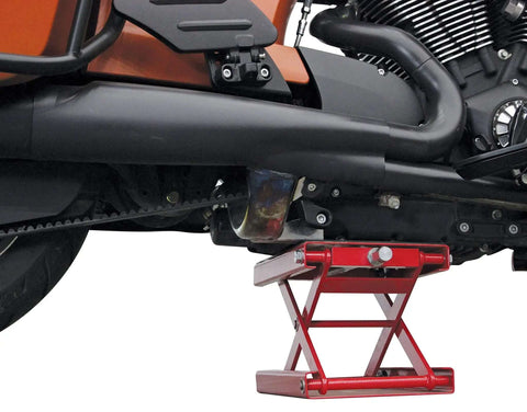 Beefy Wide Motorcycle Scissors Jack With 14 Inch Lift, 1000 Lb Capacity lifting a motorcycle, hand operated, heavy duty steel frame.