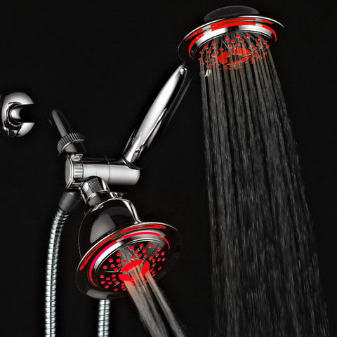 All Chrome 3 Way LED Shower Head And Handheld Combo With Air Jet Turbo Pressure Boost Nozzles Color Changing LEDs Reacting To Water Temperature Powered By Running Water No Batteries Needed Use Heads Separately Or Together For Maximum Shower Power