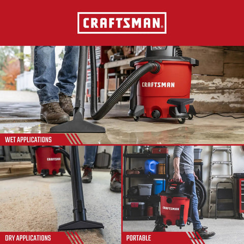 9 Gallon Wet Dry Vac With 4 Point 25 Peak HP in use for home garage cleaning, showing wet and dry application with attachments.