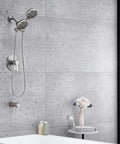 Dual Shower Head Faucet Set With Valve And Tub Spout 48 Shower Settings High Pressure Three Way Diverter in bathroom