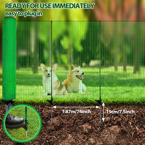 Easy Set Temporary Fence Kit With 3 Foot High 50 Foot Plastic Mesh showing two dogs behind green mesh with step-in posts.